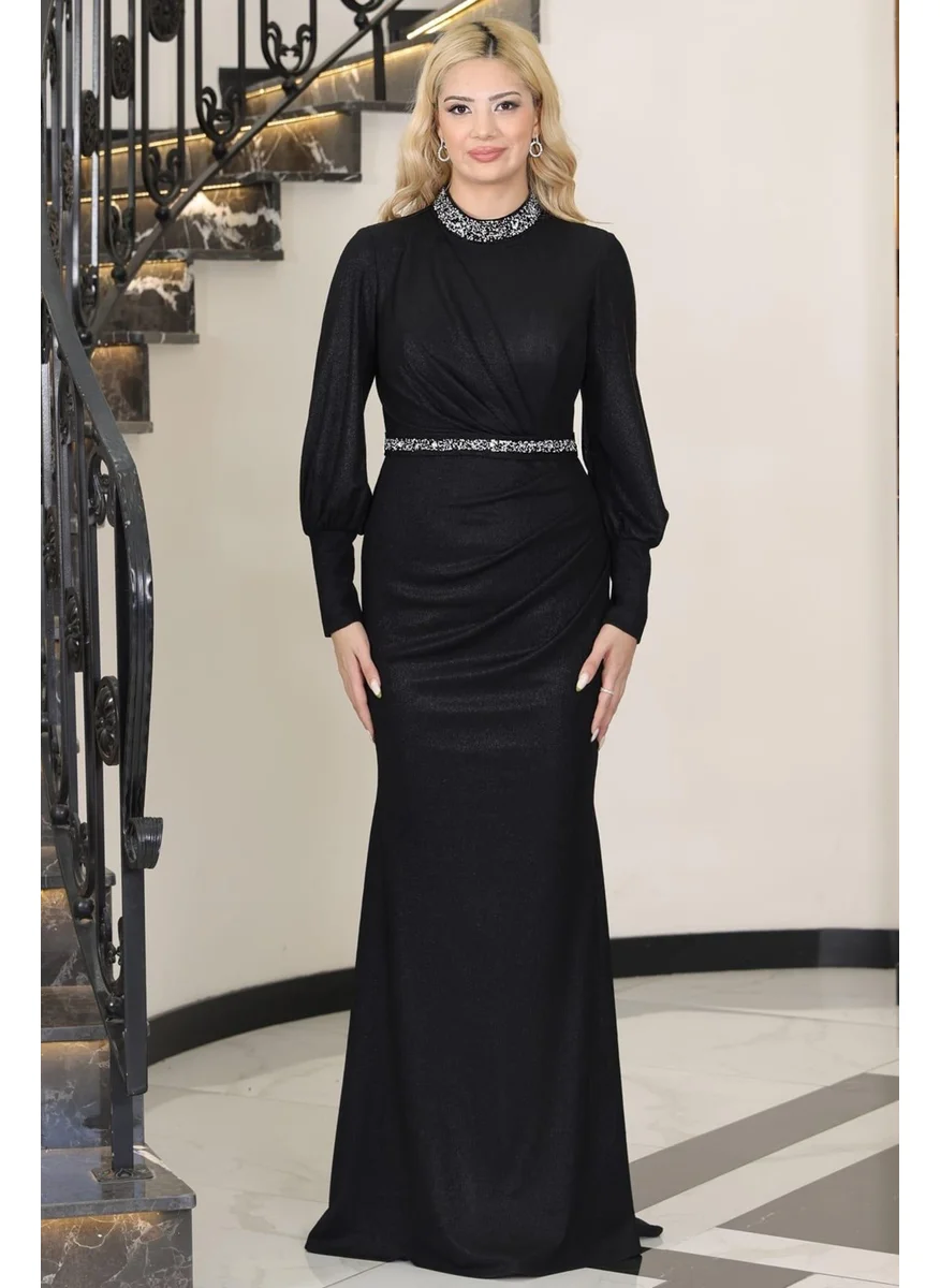 Esilanur Hurrem Tailed Stone Hijab Evening Dress Black