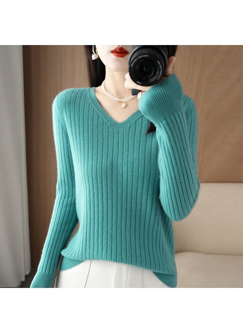 Spring 2025 Womens Wool-Blend Sweater V-Neck Solid Color Ribbed Pullover Base Knitted Top Smooths Your Silhouette Lake Green