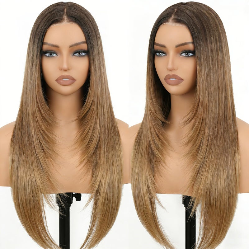 NOSTALGIA Brown and Blonde Highlight Straight Lace Front Wig Pre Cut Glueless Synthetic Layered Wig 26 Inch Middle Part Closure Wig For Women Upgraded with Premium Fiber - Image 2