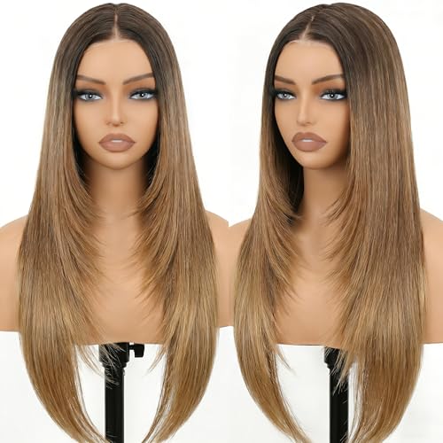 NOSTALGIA Brown and Blonde Highlight Straight Lace Front Wig Pre Cut Glueless Synthetic Layered Wig 26 Inch Middle Part Closure Wig For Women Upgraded with Premium Fiber - Image 1