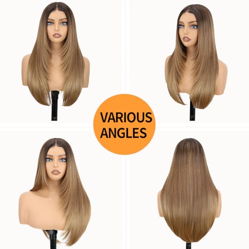 NOSTALGIA Brown and Blonde Highlight Straight Lace Front Wig Pre Cut Glueless Synthetic Layered Wig 26 Inch Middle Part Closure Wig For Women Upgraded with Premium Fiber - Image 3