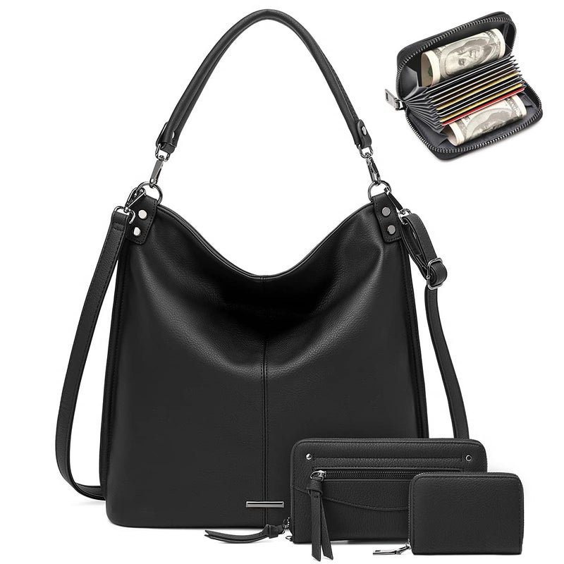 Hobo Bags for Women Handbags Boho Crossbody Ladies Shoulder Purses Designer Faux Leather with Wallet Black 3PCS Set