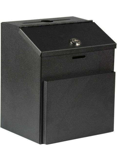 Suggestion Box with Lock for Wall Mount or Tabletop Use Locking Hinged Lid Metal Ballot Box with Pocket for Donation Forms or Envelopes Not Included Black