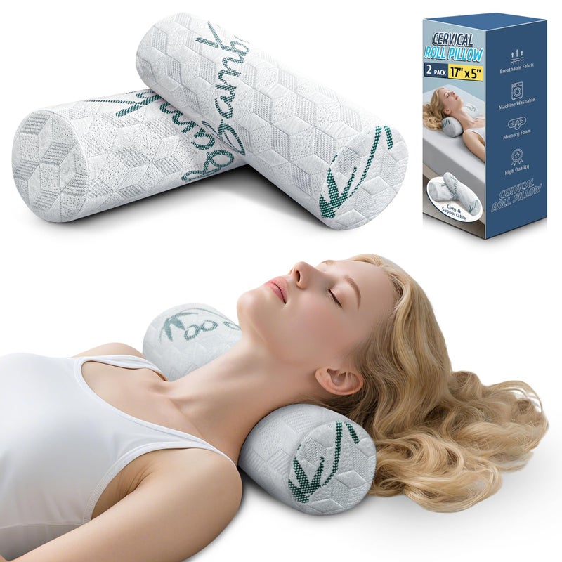 LVYSHOW Cervical Roll Pillow, 2 Pack Round Bolster Pillow with Removable Washable Cover for Neck, Back, Leg, and Knee Support, 5" x 17" - Image 1