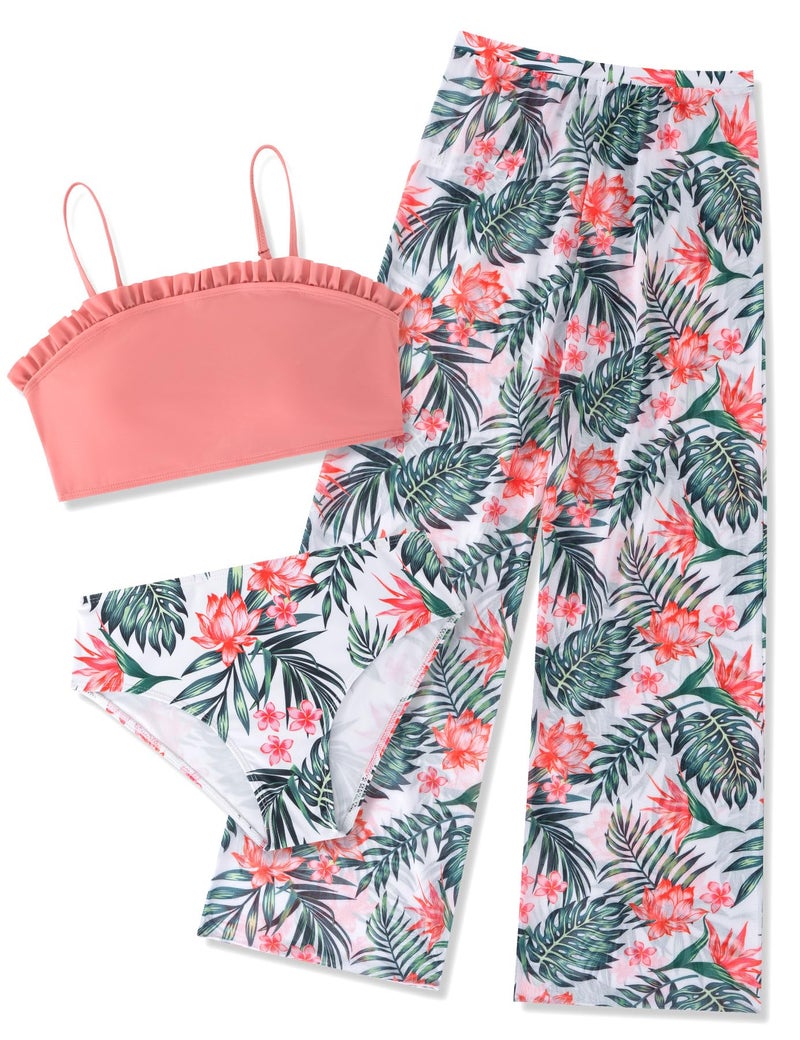 Vogseek Girls Swimsuits Size 10 12 Summer Lace Bikini Bathing Suits with UV Sun Protection Mesh Pant 11 12 Year Old Teens Pink Flower Tankinis Swim Suits Girl's Quick Dry Rash Guard Swimming Wear - Image 1