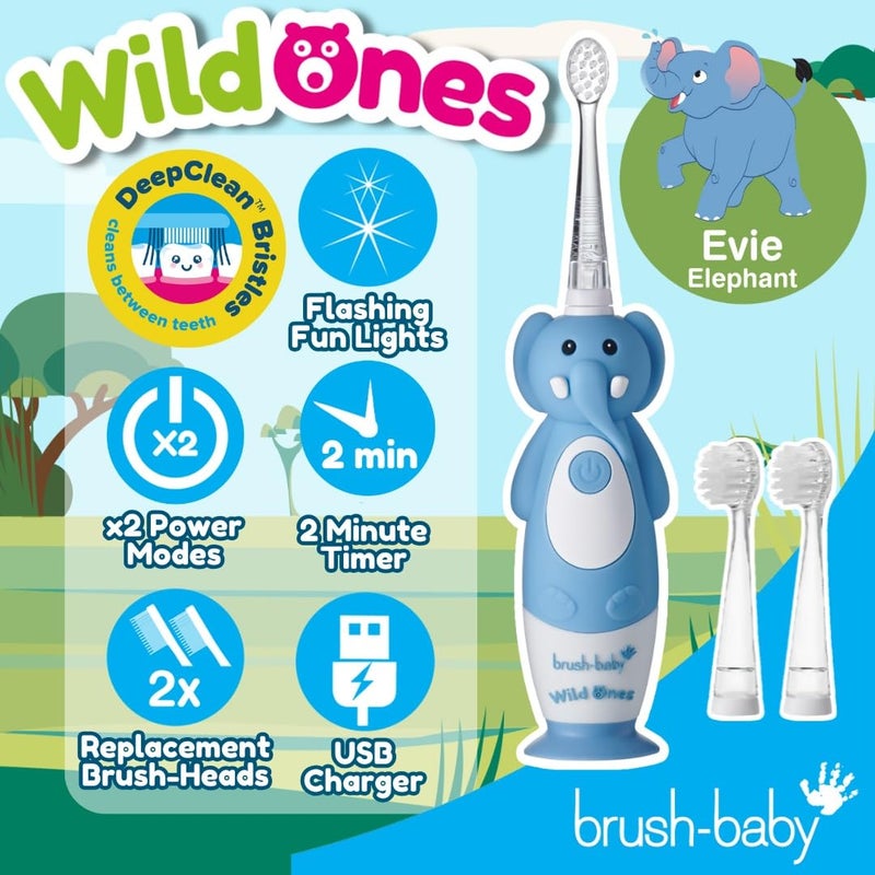 برش بيبي WildOnes Kids Electric Rechargeable Toothbrush Elephant, 1 Handle, 3 Brush Heads, USB Charging Cable, for Ages 0-10 (Elephant) - Image 2