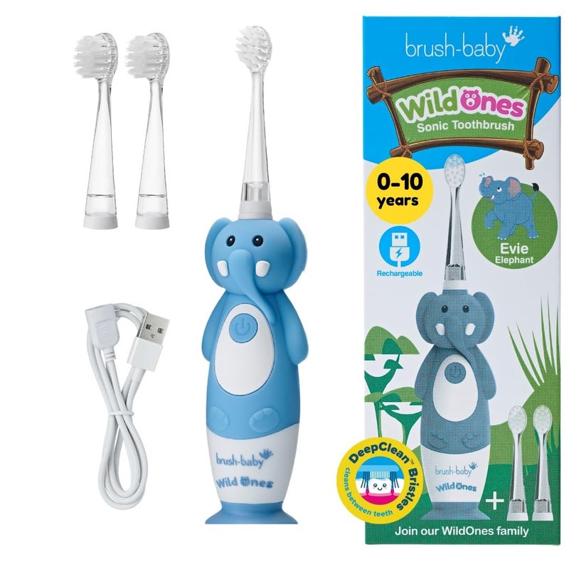 برش بيبي WildOnes Kids Electric Rechargeable Toothbrush Elephant, 1 Handle, 3 Brush Heads, USB Charging Cable, for Ages 0-10 (Elephant) - Image 1