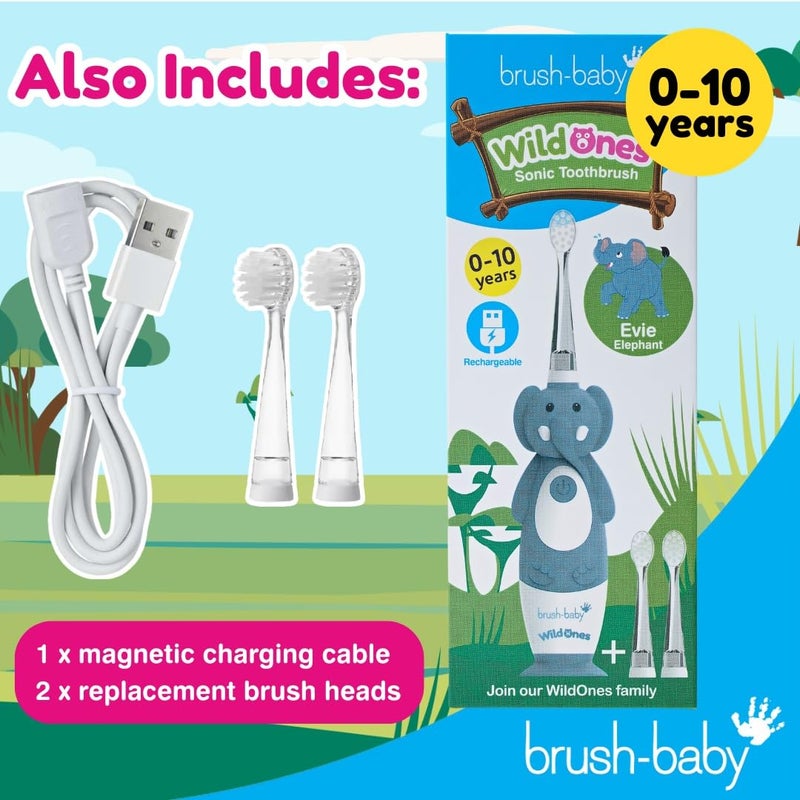 برش بيبي WildOnes Kids Electric Rechargeable Toothbrush Elephant, 1 Handle, 3 Brush Heads, USB Charging Cable, for Ages 0-10 (Elephant) - Image 3