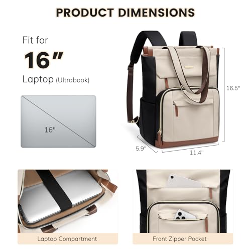 GOLF QUALITY Convertible Daypack Laptop Backpack for Women Men Carry on Tote Backpack Bookbag for College Work Nurse Travel,16Inch,Apricot Brown - Image 2