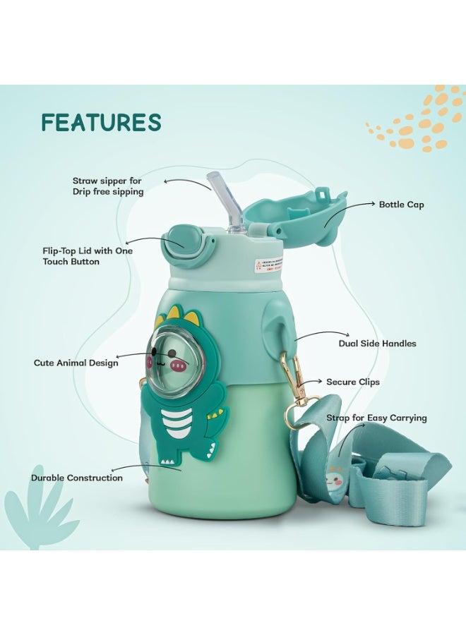 Twisoo Stainless Steel Kids Water Bottle - Leak Proof, Vacuum Insulated with Straw, BPA Free, Hot & Cold Drink Flask, Food Grade Steel, Portable with Strap, 520ml (Green) - Image 4