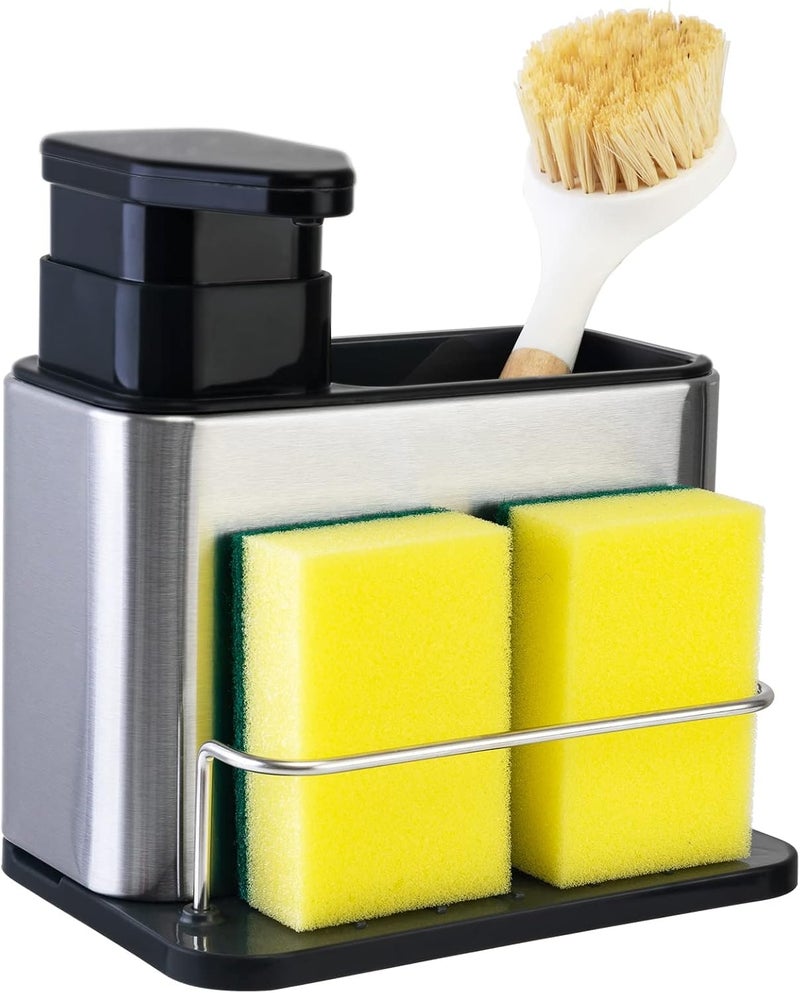 CPEX Sink Organiser with Detergent Dispenser, 3-in-1 Sponge with Washing-Up Liquid Dispenser Container Stainless Steel with Drip Tray, Kitchen Organiser, Soap Dispenser with Sponge Holder - Image 1
