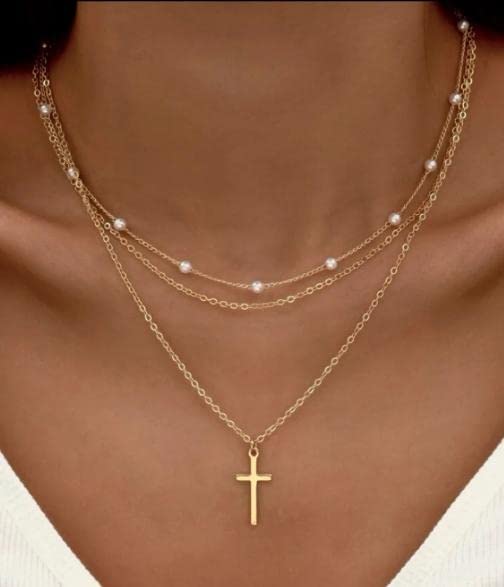 ASCOMY Layered Necklaces for Women Dainty Necklace 14K Gold Plated Pearl Necklace O Chain Necklace Cross Pendant Chain Necklace Simple Necklaces for Women Everyday Jewelry Gift - Image 5