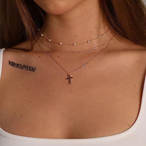 ASCOMY Layered Necklaces for Women Dainty Necklace 14K Gold Plated Pearl Necklace O Chain Necklace Cross Pendant Chain Necklace Simple Necklaces for Women Everyday Jewelry Gift - Image 4