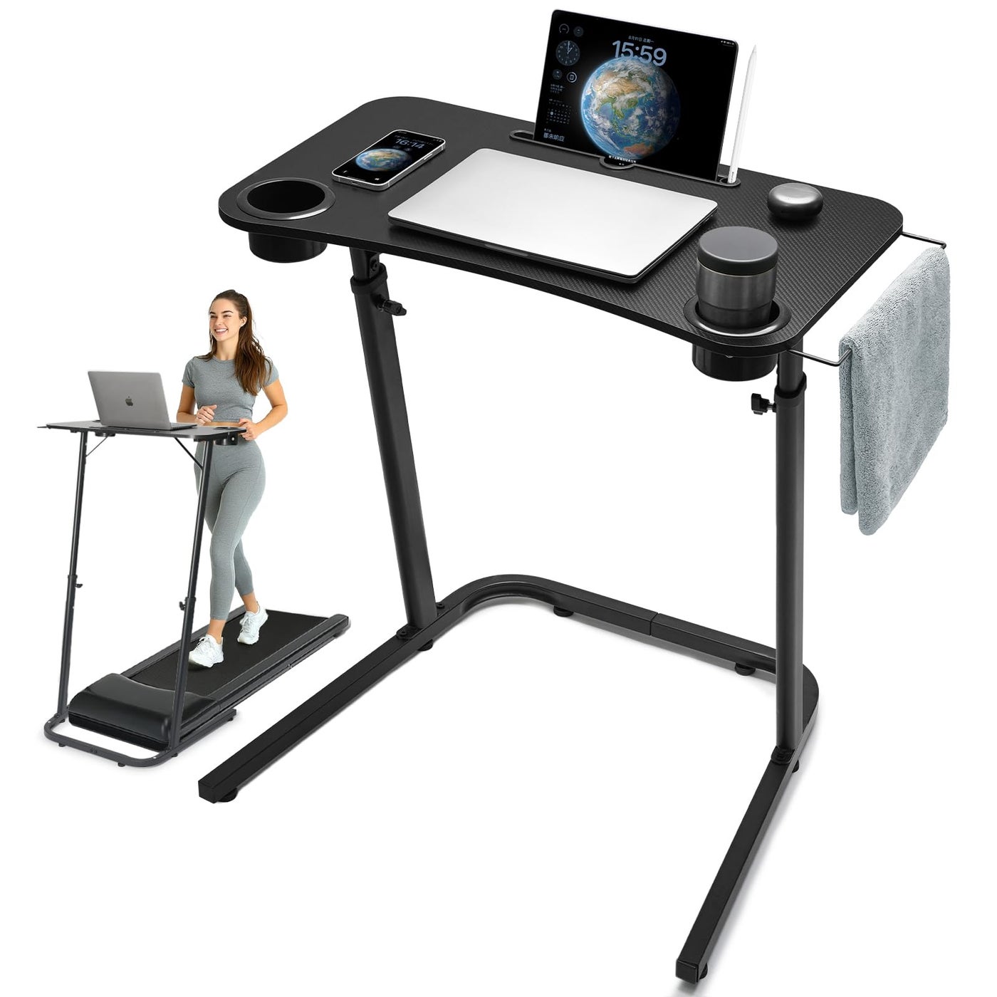 HOMELYM Treadmill Desk, Small Standing Desk for Walking Pad, 30-47 Inch Adjustable Height Walking Pad Stand for Treadmill, Portable Standing Table for Bike and Home Office Work - Black