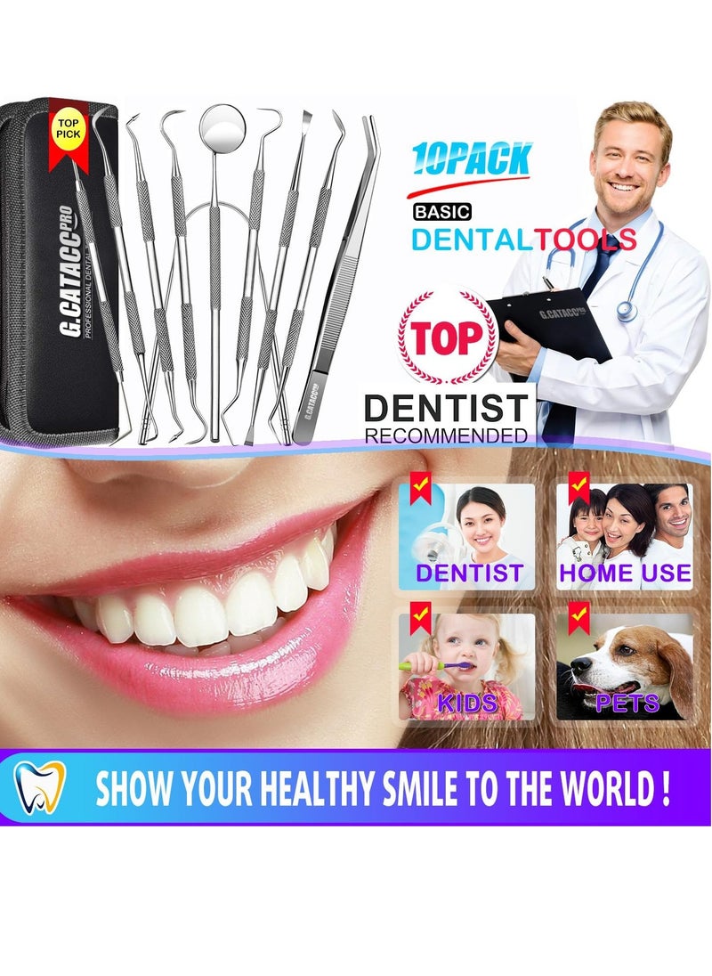 G.CATACC - G.CATACC Dental Tools, 10 Pack Professional Plaque Remover for Teeth Cleaning Tools Set, Stainless Steel Dental Hygiene Kit with Dental Picks, Tartar Scraper, Tooth Scraper, Tongue Scraper- with Case - Image 1