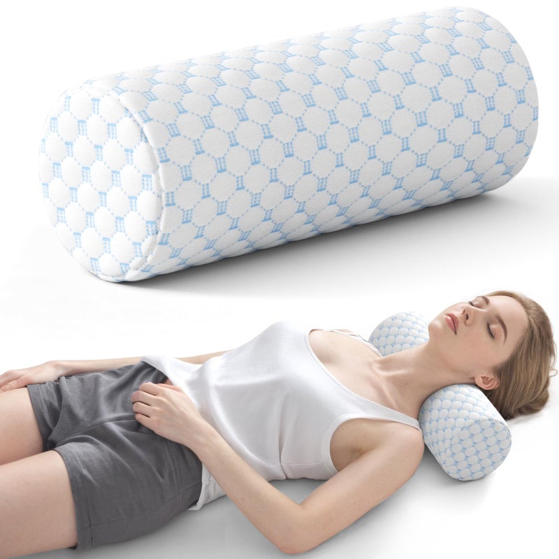 Neck Roll Pillow for Neck Pain Relief  Memory Foam Neck Support Pillow for Bed  Round Neck Pillow for Sleeping 157  6  6nch CoolBlue