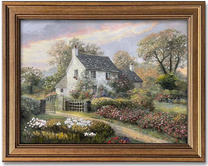 Yeechine Gold Framed Vintage Wall Art Classical French Village Garden Painting Canvas Print Bedroom Dining Room Farmhouse Wall Decor (cottage, 12L x 9.5W) - Image 1