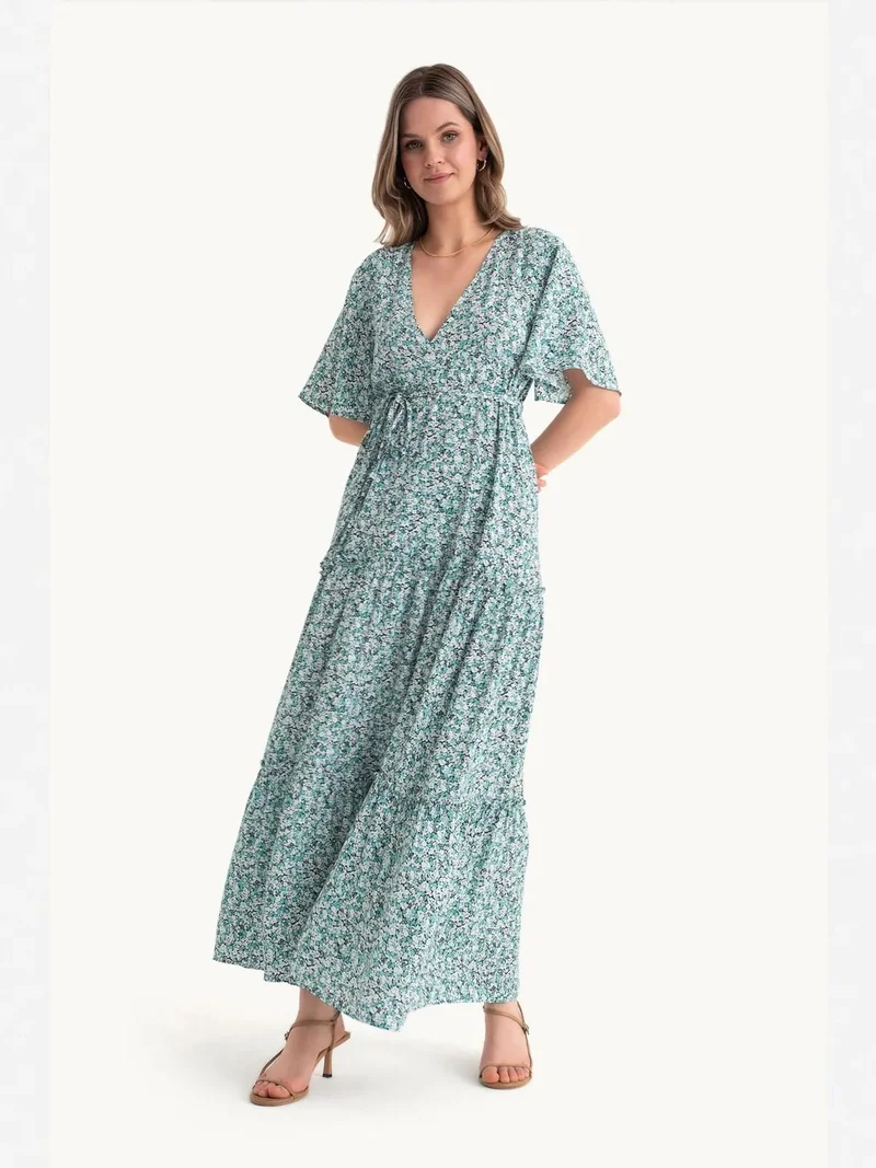 HICCUP Floral V Neck Tiered Drawstring Short Sleeve Maxi Dress