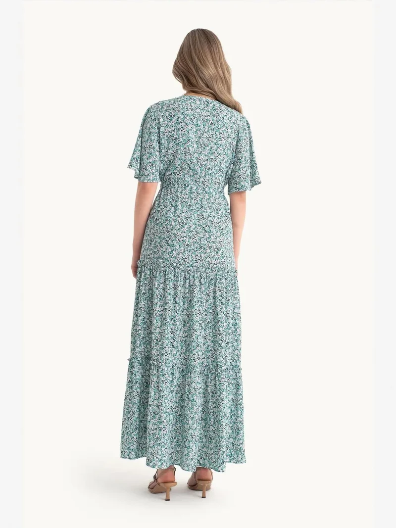 HICCUP Floral V Neck Tiered Drawstring Short Sleeve Maxi Dress