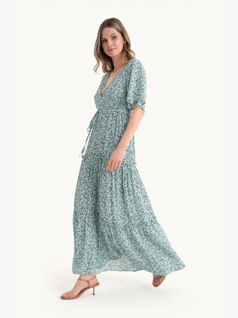 HICCUP Floral V Neck Tiered Drawstring Short Sleeve Maxi Dress