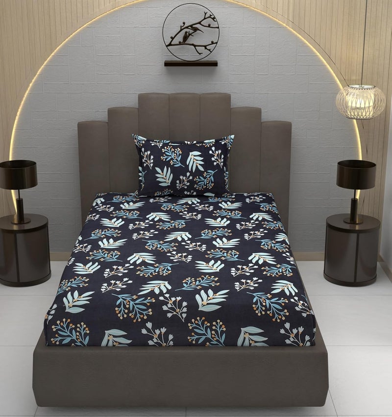 KAWI Single Bedsheet Elastic Fitted 72X48X6 Inches Glace Cotton with 1 Pillow Cover (72"X 48"Xup to 8 Inche Mattress) Blue Colour - Image 1