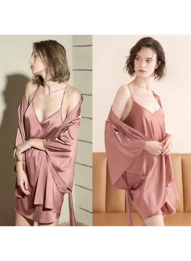 Agentmuse Nude Feel Women's Sleepwear Bridal Bridesmaid Robe Camisole Nightdress Morning Robe Set 209at Caramel Red M - Image 3