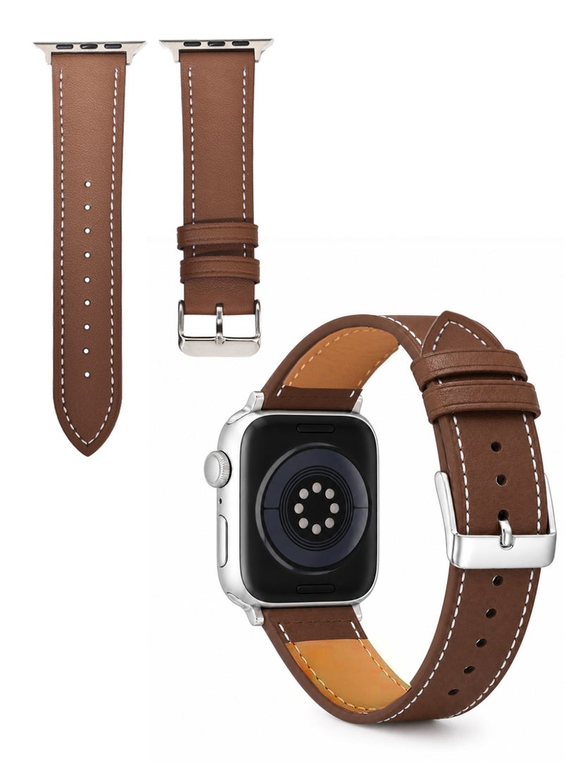 Leather Strap Compatible Apple Watch 44mm/45mm/46mm/49mm, Waterproof Durable Watch Band for iWatch Series 11/10/9/8/7/6/5/4, SE/SE2/SE3, Ultra/Ultra 2/Ultra 3, Black Microfiber leather, Brown - Image 1