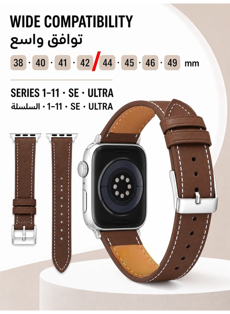 Leather Strap Compatible Apple Watch 44mm/45mm/46mm/49mm, Waterproof Durable Watch Band for iWatch Series 11/10/9/8/7/6/5/4, SE/SE2/SE3, Ultra/Ultra 2/Ultra 3, Black Microfiber leather, Brown - Image 3
