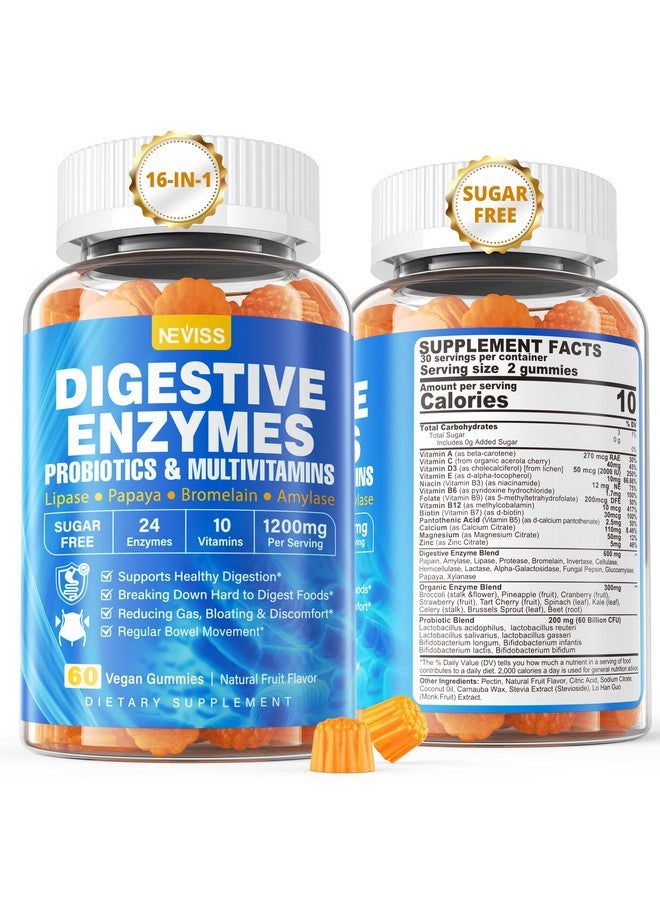 NEVISS 1Pack Digestive Enzymes with Probiotic Gummies, Multivitamins, Calcium, Magnesium - All 24 Essential Chewable Multi Enzymes - Papaya, Lipase, Amylase, Bromelain - Breaking Down Carbs, Proteins, Fats - Image 1