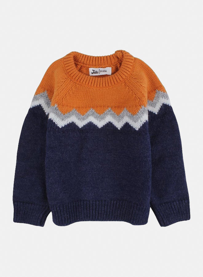 بلوفر صوف للأولاد – برتقالي/كحلي بنقشة متعرجة - Image 1