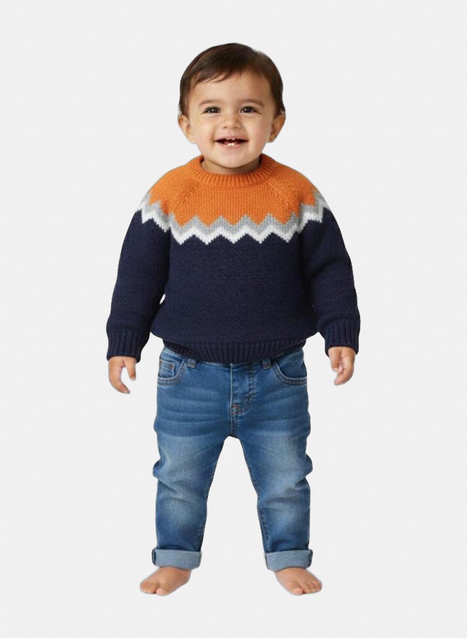 بلوفر صوف للأولاد – برتقالي/كحلي بنقشة متعرجة - Image 2