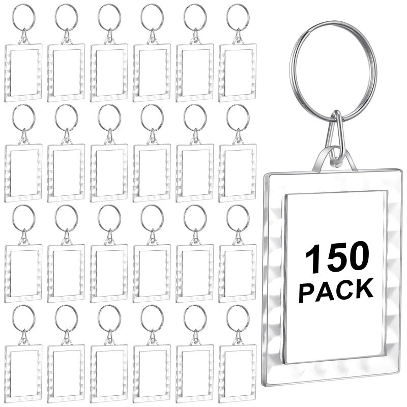 Junkin 150 Pack Acrylic Photo Keychains Clear Personalized Picture Frame Keychain Holder Blank Photo Insert Keyring DIY Favor(Rectangle with Lace Edge) - Image 1