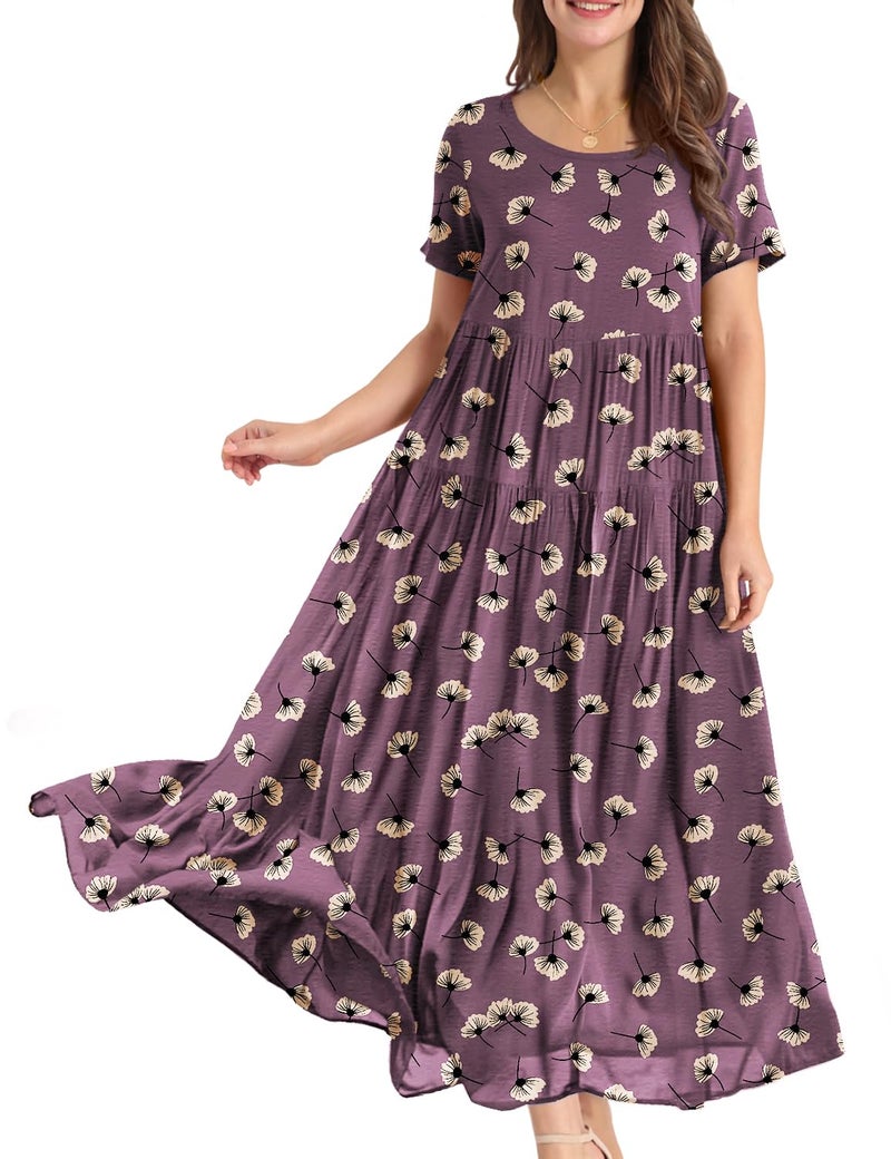 YESNO Women Casual Loose Bohemian Floral Dress with Pockets Short Sleeve Long Maxi Summer Beach Swing Dress 2XL EJF CR422 - Image 1