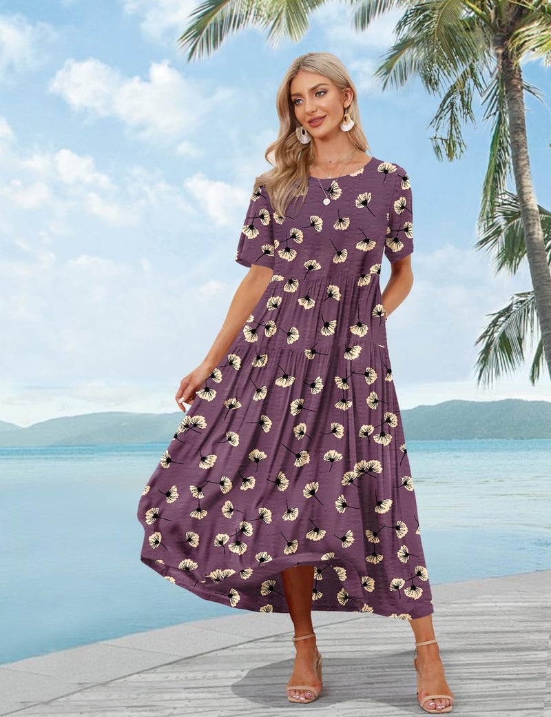 YESNO Women Casual Loose Bohemian Floral Dress with Pockets Short Sleeve Long Maxi Summer Beach Swing Dress 2XL EJF CR422 - Image 2