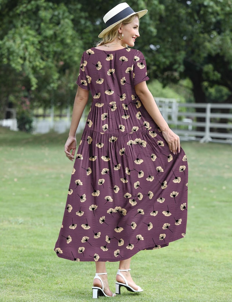 YESNO Women Casual Loose Bohemian Floral Dress with Pockets Short Sleeve Long Maxi Summer Beach Swing Dress 2XL EJF CR422 - Image 4