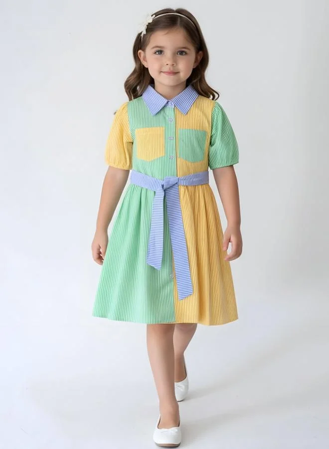 Bella Moda Cotton Woven Color Block Striped Shirt Dress with Waist Tie Belt