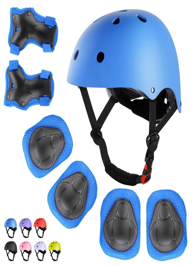 WayEee Kids Bike Helmet Set Skateboard Knee Pads, Helmet Pad Set Protective Gear Set Adjustable for Girls Kids 3-14 Helmet Elbow Pads Wrist Guards for Sport Cycling Bike Roller Skating Scooter, Blue - Image 1