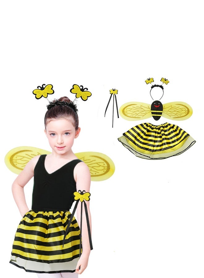 Girls 4 Piece Bee Costume With Wings, Headband, Skirt and Wand Skirt Costume - Image 4