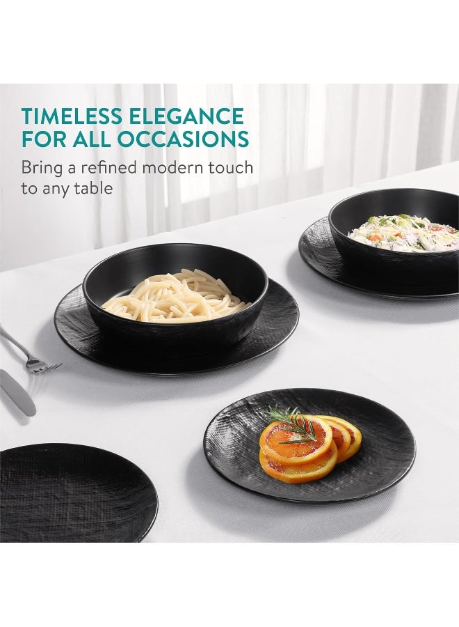 Navaris طقم أدوات المائدة من نافاريس من الحجر الخزفي 18 قطعة آمن في غسالة الصحون والميكروويف للأطباق والأوعية لـ 6 أشخاص مع أطباق جانبية وأوعية مكرونة باللون الأسود الفحم - Image 2