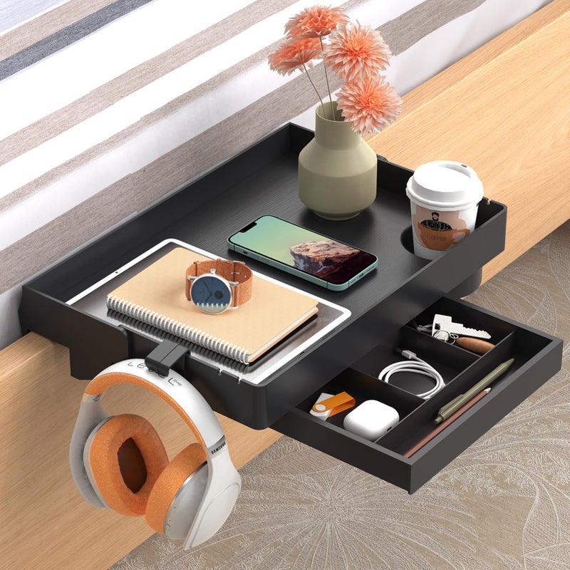 SPACELEAD SPACELEAD Bedside Shelf for Bed  College Dorm Room Clip On Nightstand with Cup Holder  Cord HolderDrawer  Bunk Bed Shelf for Organizer Top for Bedroom BlackPlastic 