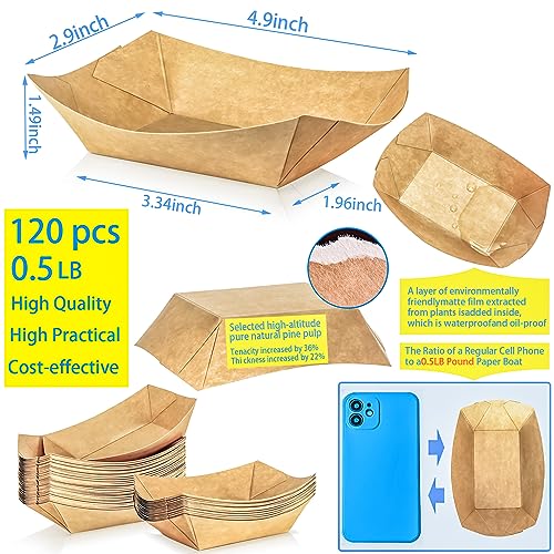 MotBach 120 Pack 1/2Lb Paper Food Boat Trays Disposable Small Paper Boats Plates Containers, 0.5Lb Mini Kraft Food Serving Boat Tray Bowl for Snack Dessert Taco Popcorn BBQ Sauce Fries Nacho - Image 2