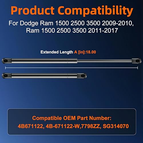 Euplokeer 4B671122 4B-671122 Hood Strut Lift Support Compatible with Dodge Ram 1500 2500 3500 2009-2010, Ram 1500 2500 3500 2009-2020, Replace# 5537 2572AB, 55372572AB Pack of 2PCS - Image 2