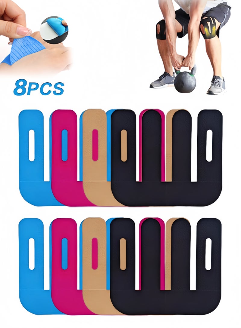 Polish'D 8PCS PreCut Kinesiology Tape for Knees, Upgraded Waterproof Knee Tape for Knee Pain Relief Pre Cut, Original Cotton Athletic Knee Tape, Waterproof&Hypoallergenic Latex-Free for Sports (Black, Gray, Pink, Blue) - Image 1