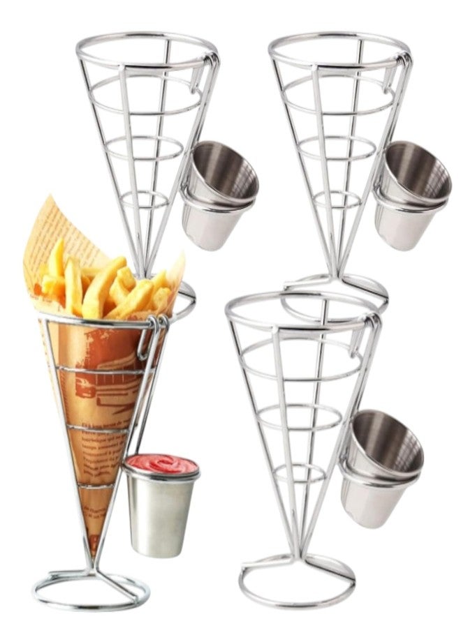CNQLIS 4 Pack French Fry Holder, French Cone Fries Basket with Sauce Cup, Metal Wire French Fries Holder for Kitchen, Restaurant Buffet, Picnic Party, Buffet Dinner, Home Parties - Image 1