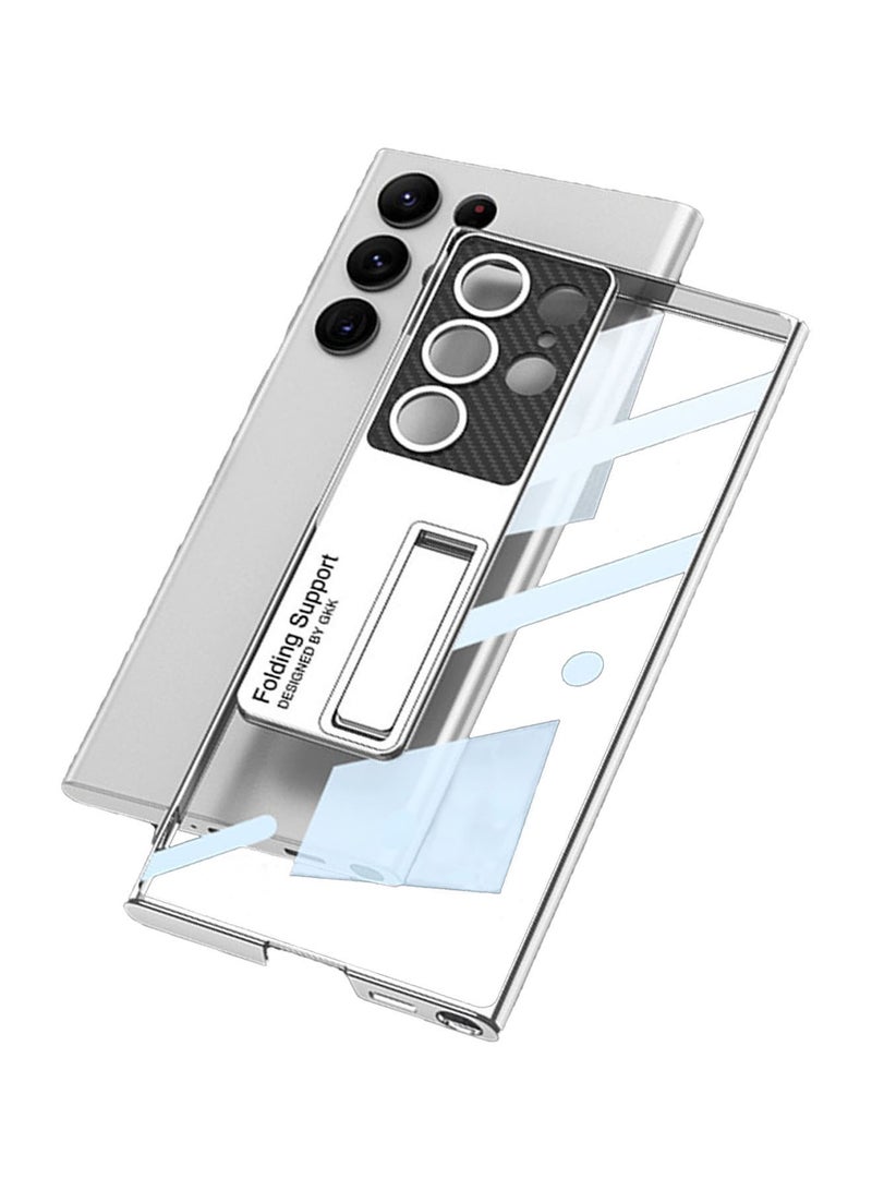 Samsung Galaxy S23 Ultra Full Body Hard Matte PC Curved All Inclusive Protectior Builti in Kickstand Transparent Electroplated Phantom Fine Hole Bracket Back Cover Compatible Wireless Charging Silver - Image 1