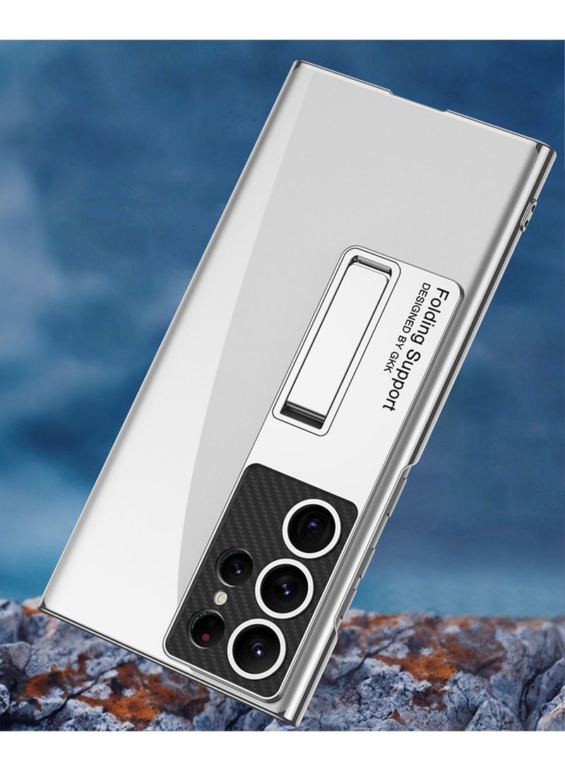 Samsung Galaxy S23 Ultra Full Body Hard Matte PC Curved All Inclusive Protectior Builti in Kickstand Transparent Electroplated Phantom Fine Hole Bracket Back Cover Compatible Wireless Charging Silver - Image 4