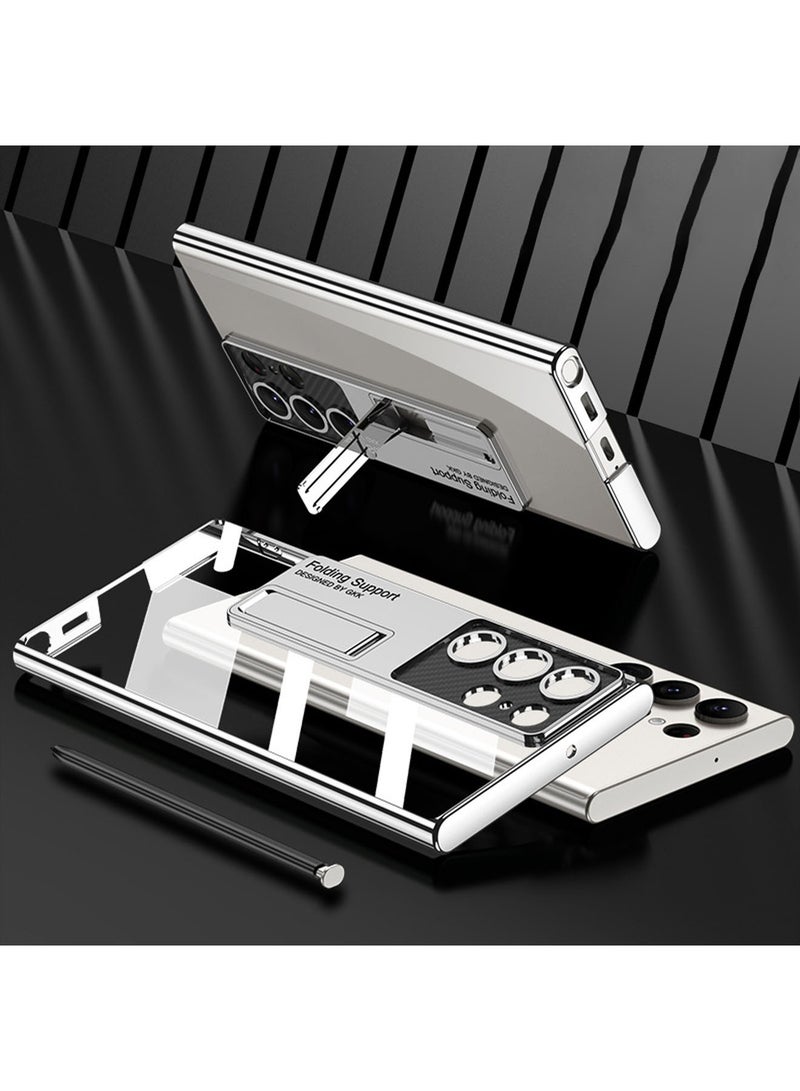 Samsung Galaxy S23 Ultra Full Body Hard Matte PC Curved All Inclusive Protectior Builti in Kickstand Transparent Electroplated Phantom Fine Hole Bracket Back Cover Compatible Wireless Charging Silver - Image 3