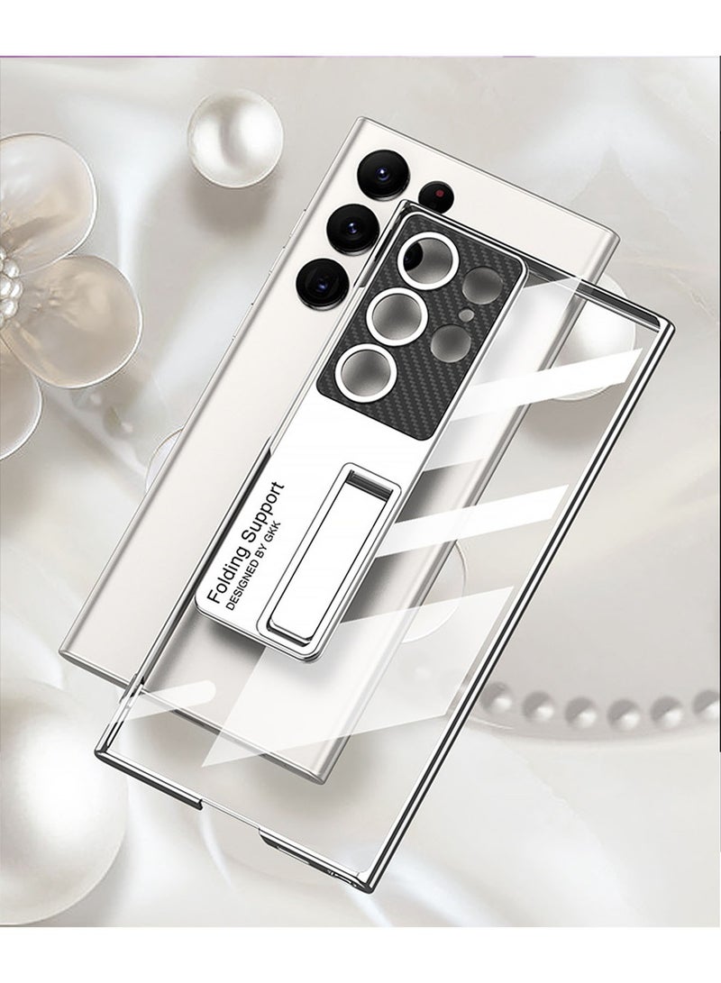 Samsung Galaxy S23 Ultra Full Body Hard Matte PC Curved All Inclusive Protectior Builti in Kickstand Transparent Electroplated Phantom Fine Hole Bracket Back Cover Compatible Wireless Charging Silver - Image 2