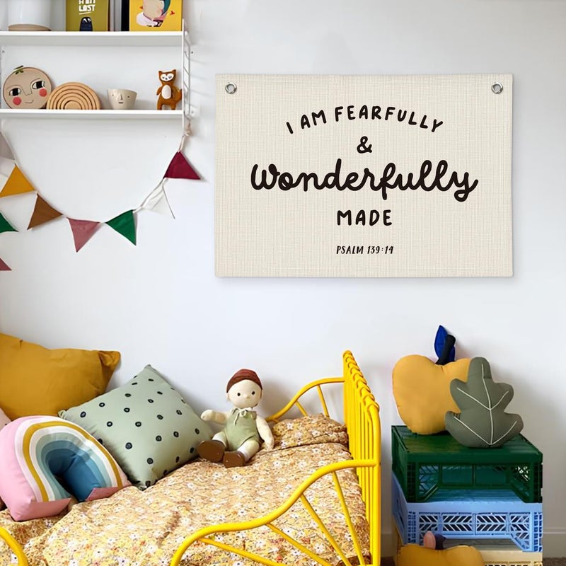 Wheatwin Kids Room Decor - Bible Verse Wall Hanging, 'I am Fearfully and Wonderfully Made' Linen Banner, Canvas Decoration for Classroom, Nursery, Kids Room - Image 5