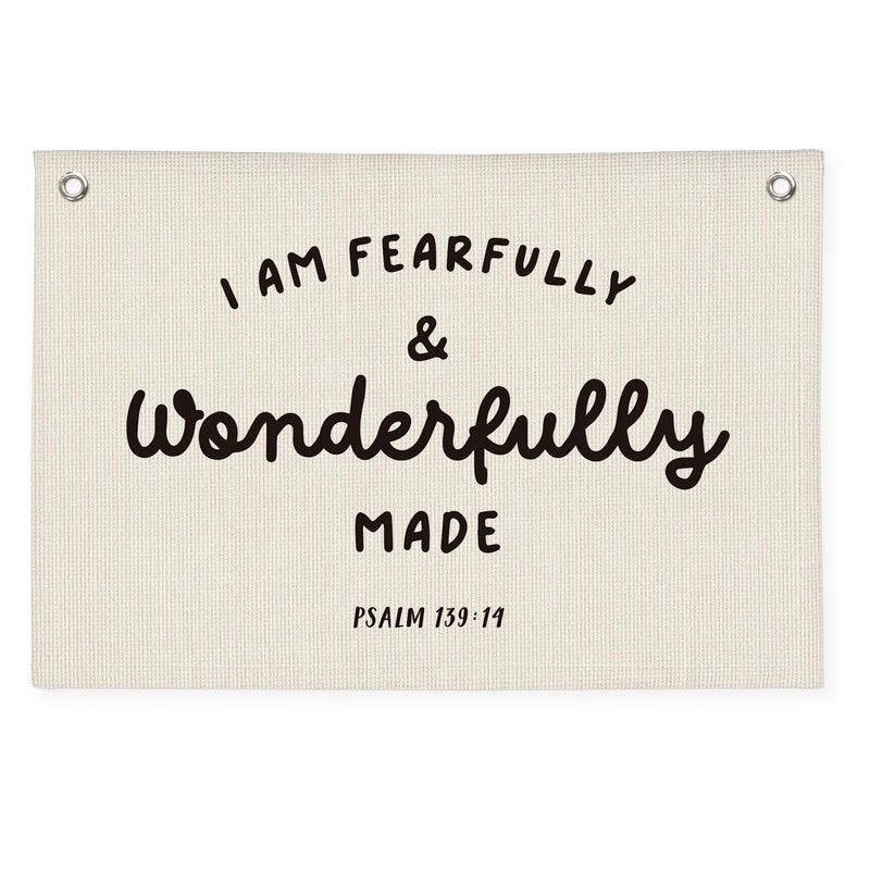 Wheatwin Kids Room Decor - Bible Verse Wall Hanging, 'I am Fearfully and Wonderfully Made' Linen Banner, Canvas Decoration for Classroom, Nursery, Kids Room - Image 1